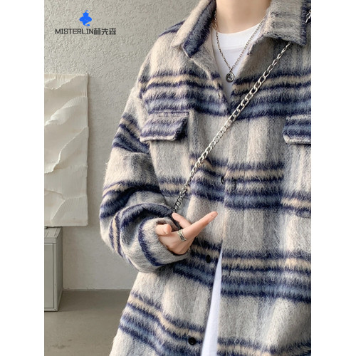 毛呢格子夾克外套男士2025年春秋季潮牌美式復古休閒寬鬆繙領上衣