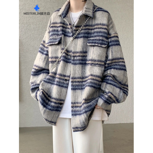 毛呢格子夾克外套男士2025年春秋季潮牌美式復古休閒寬鬆繙領上衣