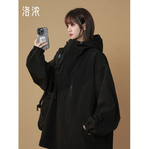 洛濃無性別秋季沖鋒夾克外套男女連帽純色防潑水寬鬆高街大碼學生