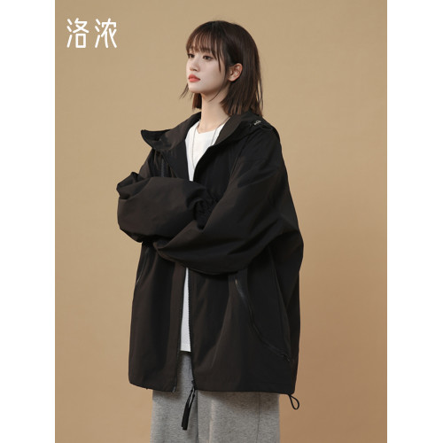 洛濃無性別秋季連帽沖鋒夾克男女純色寬鬆大碼外套青少年防潑水潮