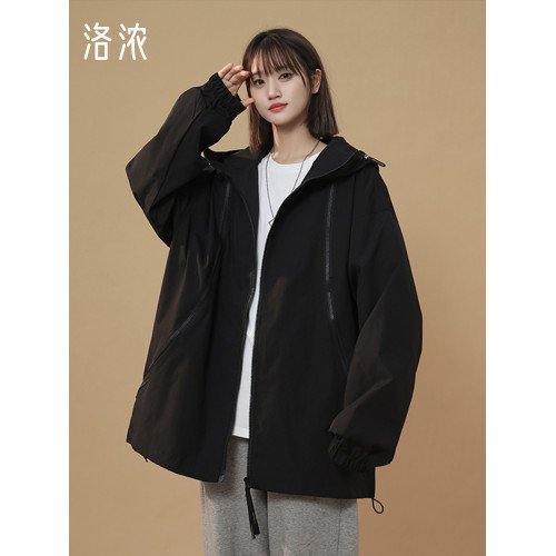 洛濃無性別秋季連帽沖鋒夾克男女純色寬鬆大碼外套青少年防潑水潮
