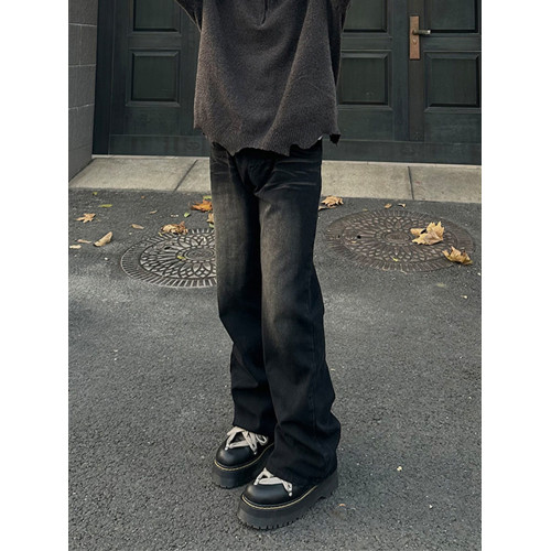 微喇復古藍牛仔褲男美式高街hiphop水洗做舊潮牌設計漸變直筒長褲