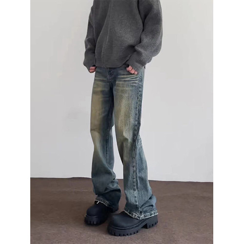 微喇復古藍牛仔褲男美式高街hiphop水洗做舊潮牌設計漸變直筒長褲