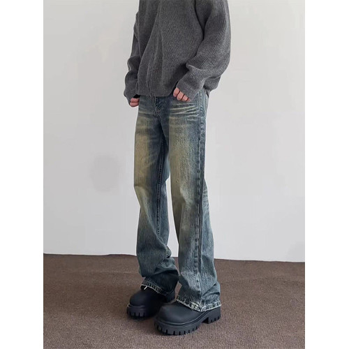 微喇復古藍牛仔褲男美式高街hiphop水洗做舊潮牌設計漸變直筒長褲