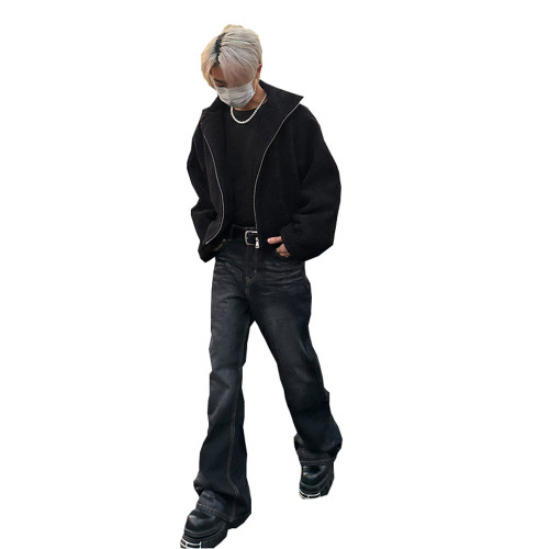 微喇復古藍牛仔褲男美式高街hiphop水洗做舊潮牌設計漸變直筒長褲