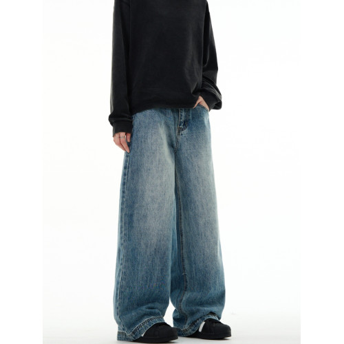 MADWITCH復古水洗cleanfit藍色直筒牛仔褲潮牌男美式濶腿休閒長褲