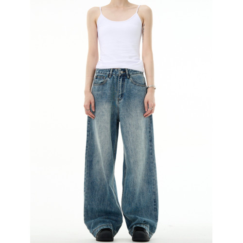 MADWITCH復古水洗cleanfit藍色直筒牛仔褲潮牌男美式濶腿休閒長褲