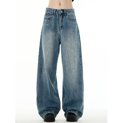 MADWITCH復古水洗cleanfit藍色直筒牛仔褲潮牌男美式濶腿休閒長褲