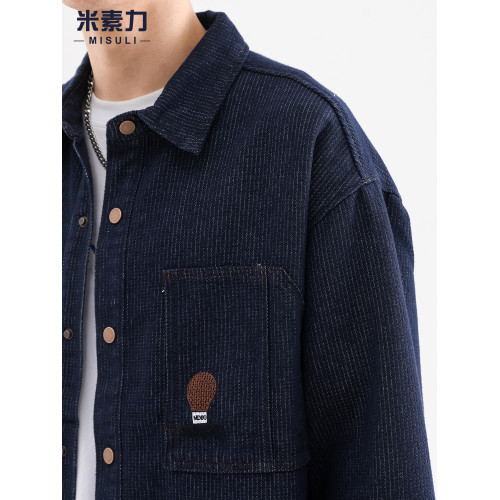 美式復古牛仔襯衫男長袖深藍色高級感外套男潮牌寬鬆大碼休閒襯衣