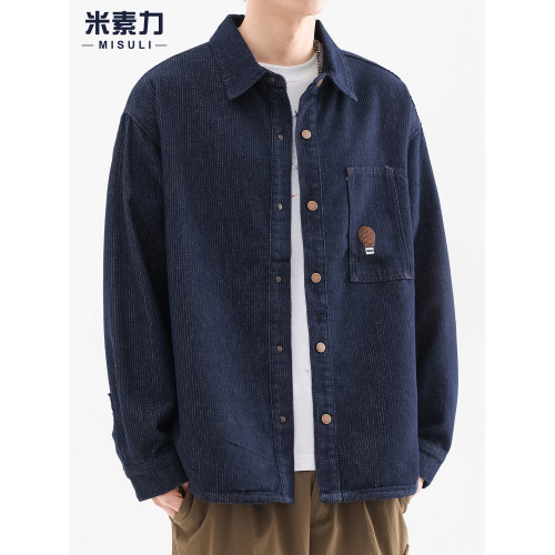 美式復古牛仔襯衫男長袖深藍色高級感外套男潮牌寬鬆大碼休閒襯衣