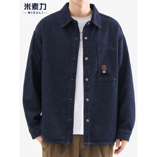 美式復古牛仔襯衫男長袖深藍色高級感外套男潮牌寬鬆大碼休閒襯衣