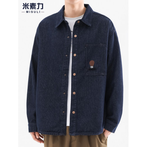 美式復古牛仔襯衫男長袖深藍色高級感外套男潮牌寬鬆大碼休閒襯衣