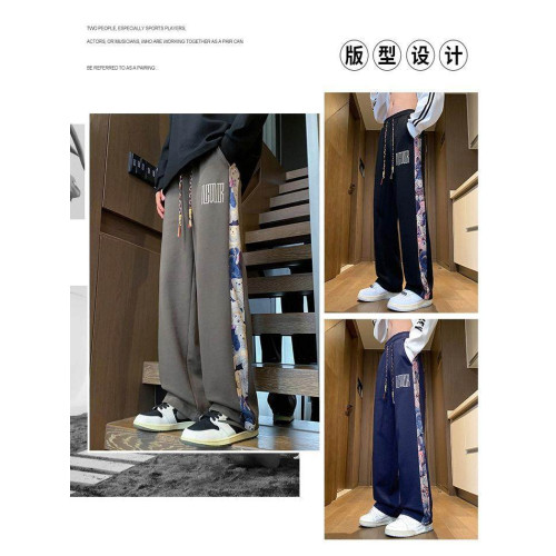 NASAB-EARE風褲子男春秋季冬小熊刺綉拼接直筒衛褲加絨休閒褲