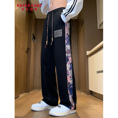 NASAB-EARE風褲子男春秋季冬小熊刺綉拼接直筒衛褲加絨休閒褲