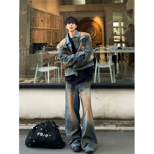 美式紥染墊肩牛仔外套男款歐美街頭小衆牛仔衣水洗做舊工裝夾克