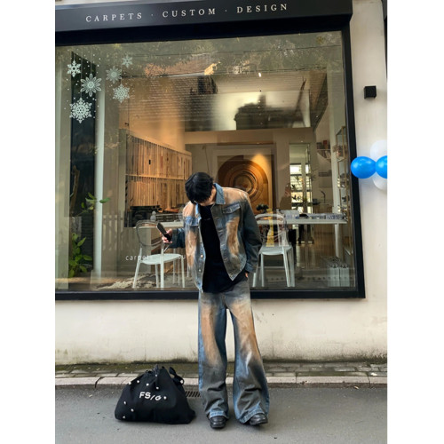 美式紥染墊肩牛仔外套男款歐美街頭小衆牛仔衣水洗做舊工裝夾克