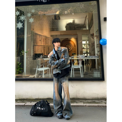 美式紥染墊肩牛仔外套男款歐美街頭小衆牛仔衣水洗做舊工裝夾克