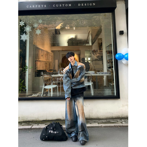 美式紥染墊肩牛仔外套男款歐美街頭小衆牛仔衣水洗做舊工裝夾克