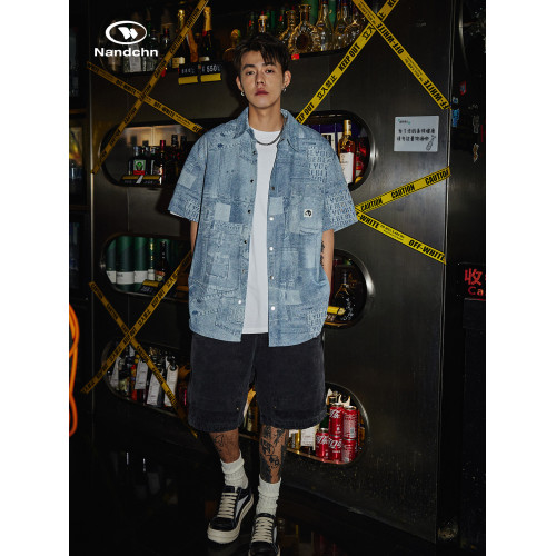 男道復古水洗拼接牛仔短袖襯衫男夏季街頭寬鬆休閒百搭襯衣外套