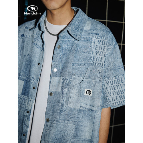 男道復古水洗拼接牛仔短袖襯衫男夏季街頭寬鬆休閒百搭襯衣外套