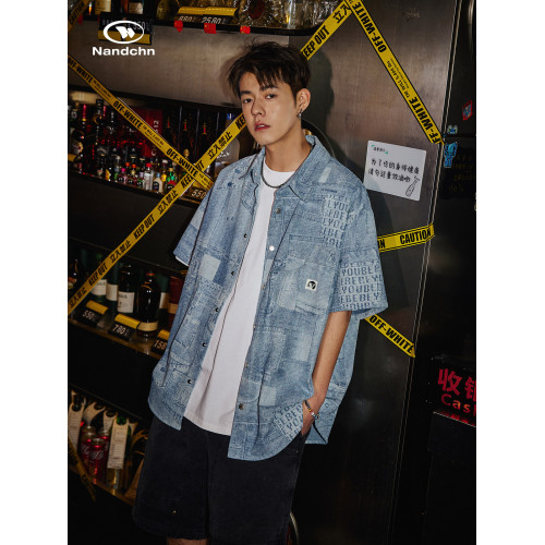 男道復古水洗拼接牛仔短袖襯衫男夏季街頭寬鬆休閒百搭襯衣外套