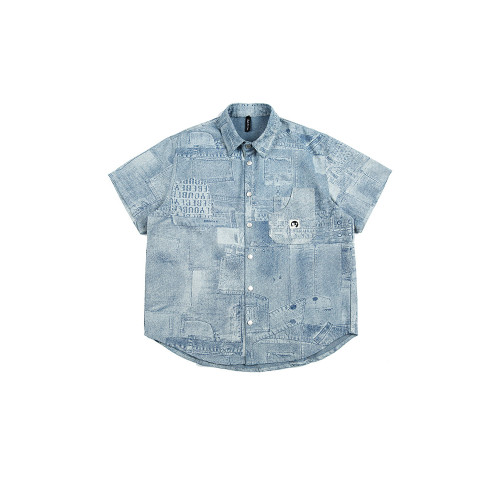 男道復古水洗拼接牛仔短袖襯衫男夏季街頭寬鬆休閒百搭襯衣外套