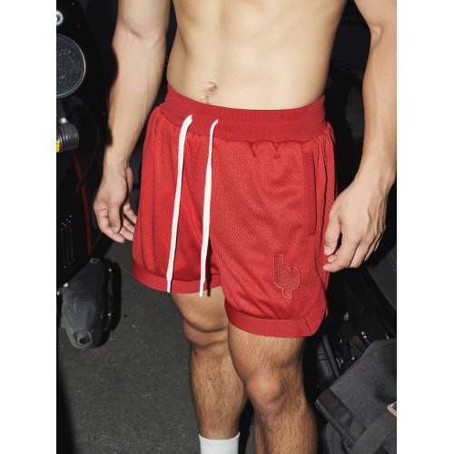 lil monster 夏季網眼綉花短褲美式復古雙層重磅寬鬆高街情侶運動