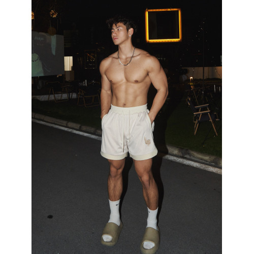 lil monster 夏季網眼綉花短褲美式復古雙層重磅寬鬆高街情侶運動