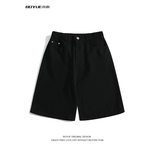 BOYUE帛躍直筒半松緊腰純色短褲青少年潮牌簡約時尚情侶五分褲男