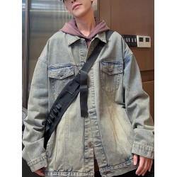 復古牛仔外套男2024秋冬新款美式男生菸灰色寬鬆冬季繙領工裝夾克