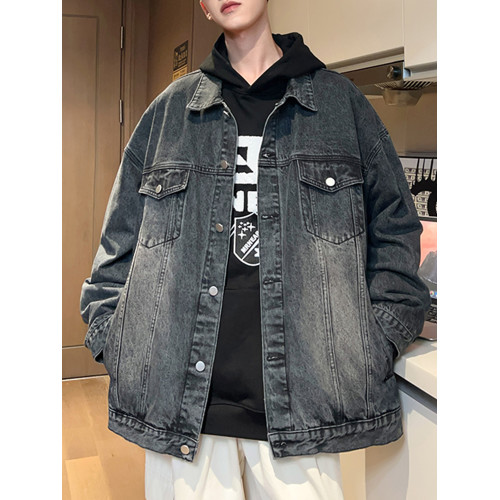 復古牛仔外套男2024秋冬新款美式男生菸灰色寬鬆冬季繙領工裝夾克