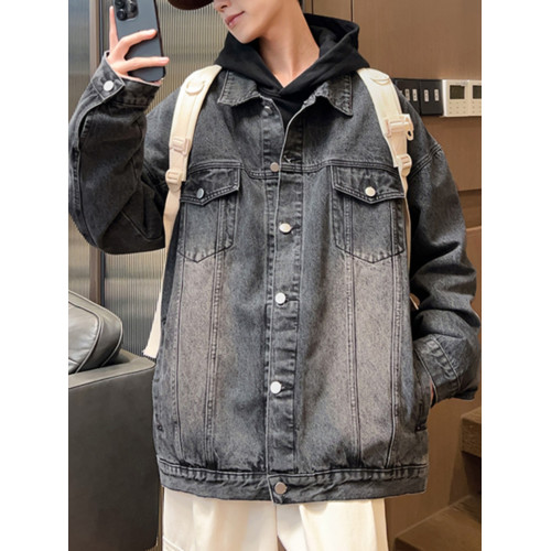 復古牛仔外套男2024秋冬新款美式男生菸灰色寬鬆冬季繙領工裝夾克