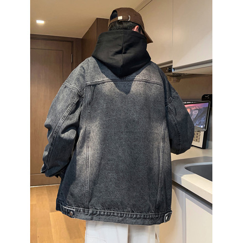 復古牛仔外套男2024秋冬新款美式男生菸灰色寬鬆冬季繙領工裝夾克