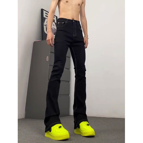 ro飄帶褲子美式vibe高街彎刀黑色牛仔褲男生修身直筒綁帶微喇叭褲