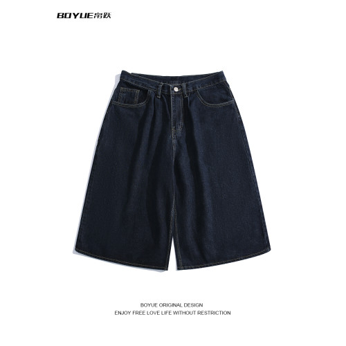 BOYUE帛躍寬鬆直筒純色牛仔短褲青少年潮牌時尚簡約休閒七分褲男