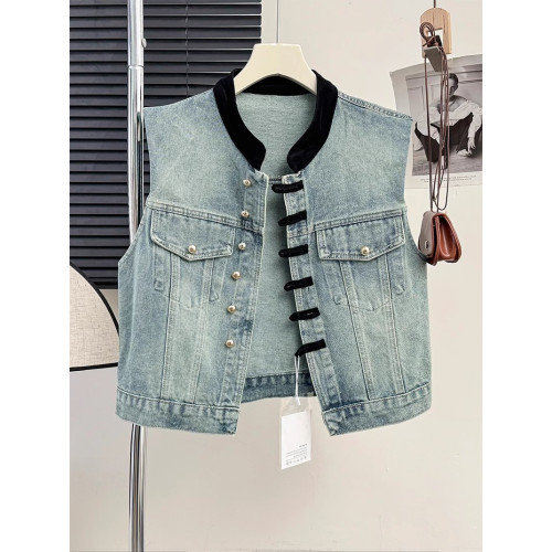 國風復古甜酷炸街撞色盤釦牛仔外套男女夏季小衆氣質百搭無袖上衣