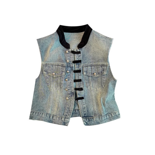 國風復古甜酷炸街撞色盤釦牛仔外套男女夏季小衆氣質百搭無袖上衣