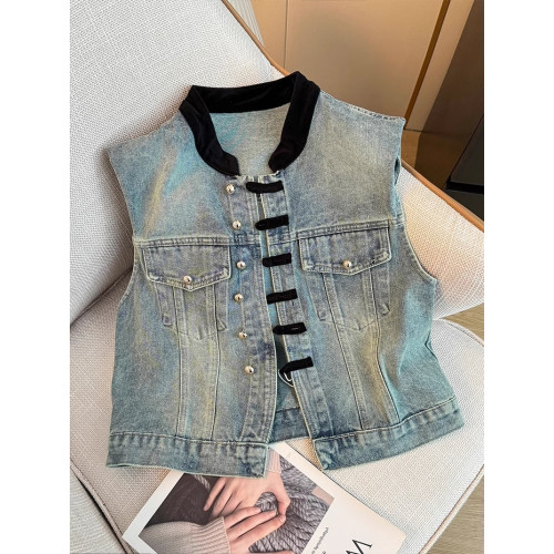 國風復古甜酷炸街撞色盤釦牛仔外套男女夏季小衆氣質百搭無袖上衣