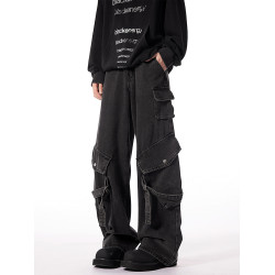 重磅黑色工裝牛仔褲男冬季美式高街痞帥濶腿褲復古做舊多口袋褲子