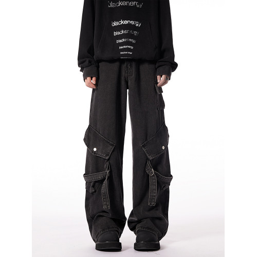 重磅黑色工裝牛仔褲男冬季美式高街痞帥濶腿褲復古做舊多口袋褲子