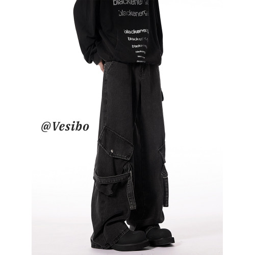 重磅黑色工裝牛仔褲男冬季美式高街痞帥濶腿褲復古做舊多口袋褲子