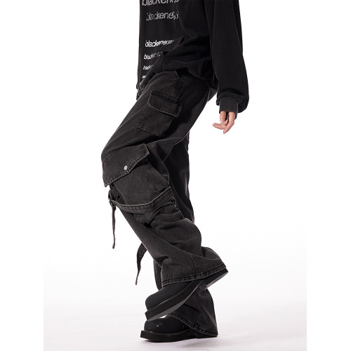 重磅黑色工裝牛仔褲男冬季美式高街痞帥濶腿褲復古做舊多口袋褲子