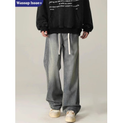 WASSUP ISSUE美式高街水洗牛仔褲男款秋季潮牌寬鬆直筒濶腿褲子男