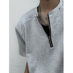 黑色半拉鍊墊肩t恤男夏季設計感cleanfit短袖美式高街重磅五分袖