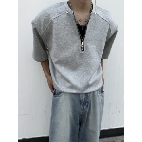 黑色半拉鍊墊肩t恤男夏季設計感cleanfit短袖美式高街重磅五分袖