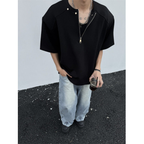 黑色半拉鍊墊肩t恤男夏季設計感cleanfit短袖美式高街重磅五分袖