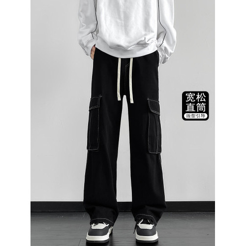 獵璞工裝牛仔褲男士冬季彎刀黑色褲子男生長褲新款休閒寬鬆直筒褲