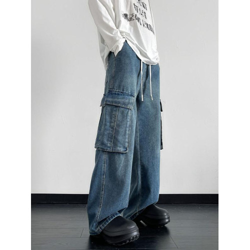 獵璞工裝牛仔褲男士冬季彎刀黑色褲子男生長褲新款休閒寬鬆直筒褲