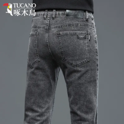 啄木鳥彈力牛仔褲男韓版修身直筒潮流時尚男士休閒秋冬厚款長褲子