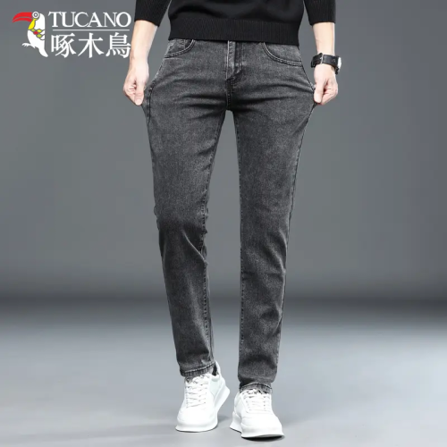 啄木鳥彈力牛仔褲男韓版修身直筒潮流時尚男士休閒秋冬厚款長褲子